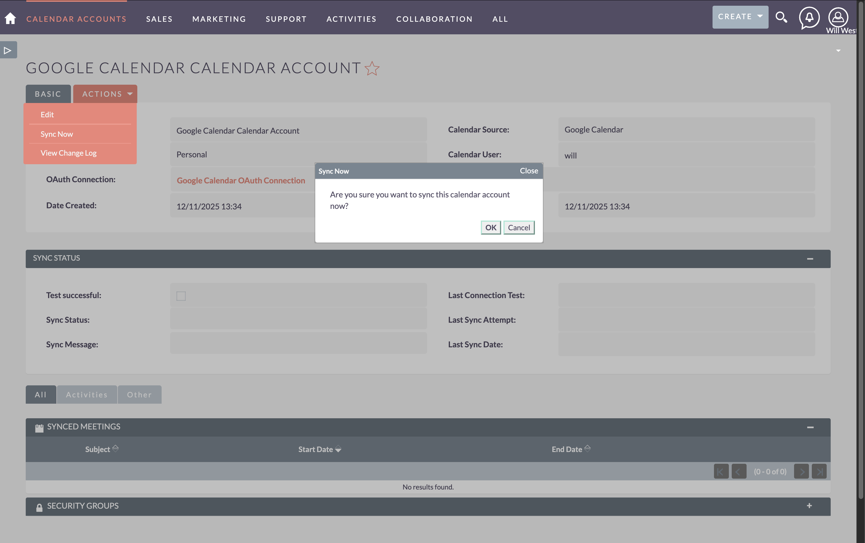 Synced Meetings Subpanel