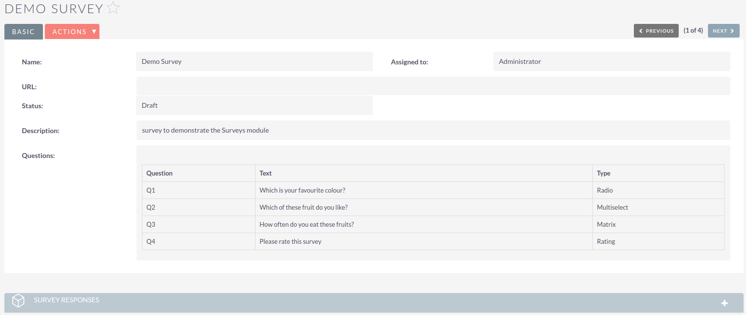 Survey detail view for draft survey SurveysDraftDetailView