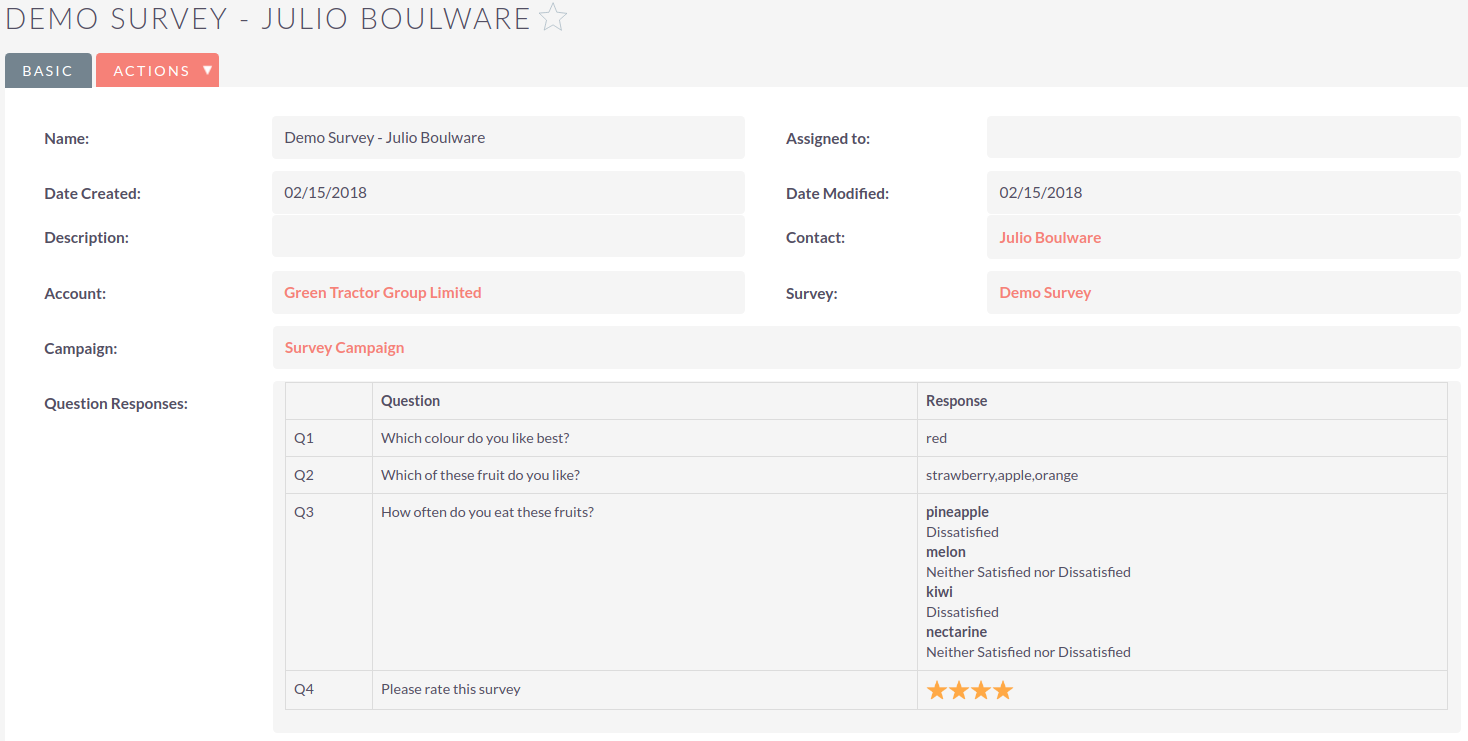 Survey Responses for selected respondent SurveysResponsesDetail